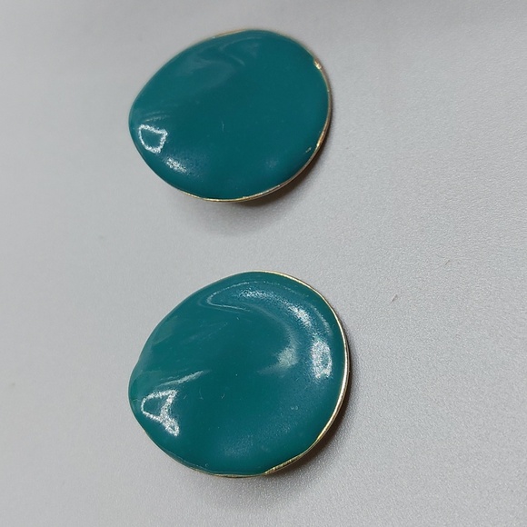 Vintage 90s Modern Art Deco Gold Teal Enamel Coated Round Stud Earrings - Picture 3 of 5